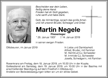 Traueranzeige von Martin Negele von Memminger Zeitung