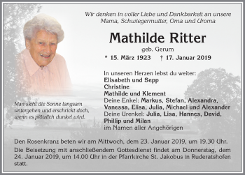 Traueranzeige von Mathilde Ritter von Allgäuer Zeitung, Marktoberdorf