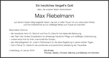 Traueranzeige von Max Riebelmann von Der Westallgäuer