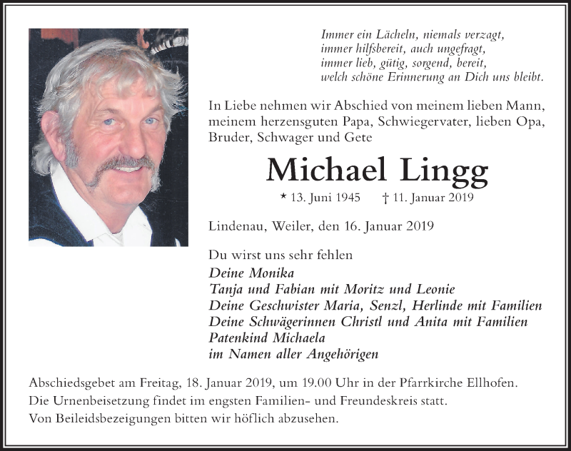  Traueranzeige für Michael Lingg vom 16.01.2019 aus Der Westallgäuer