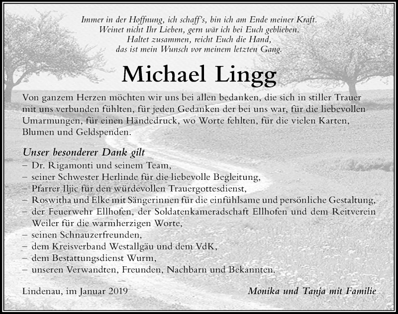  Traueranzeige für Michael Lingg vom 30.01.2019 aus Der Westallgäuer