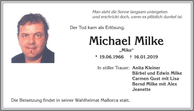  Traueranzeige für Michael Milke vom 23.01.2019 aus Allgäuer Anzeigeblatt