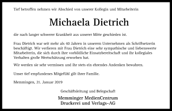 Traueranzeige von Michaela Dietrich von Memminger Zeitung