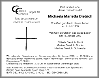 Traueranzeige von Michaela Marietta Dietrich von Memminger Zeitung