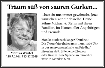Traueranzeige von Monika Würfel von Allgäuer Zeitung, Füssen