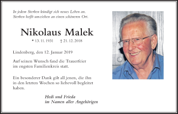 Traueranzeige von Nikolaus Malek von Der Westallgäuer