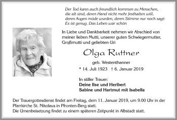 Traueranzeige von Olga Ruttner von Allgäuer Zeitung, Füssen