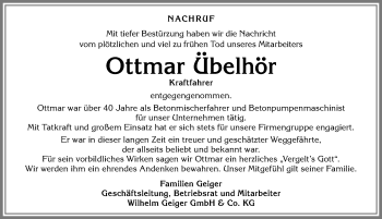 Traueranzeige von Ottmar Übelhör von Allgäuer Anzeigeblatt