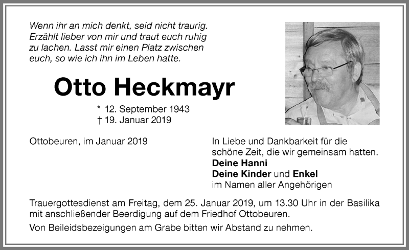  Traueranzeige für Otto Heckmayr vom 23.01.2019 aus Memminger Zeitung