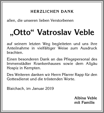 Traueranzeige von Otto Vatroslav Veble von Allgäuer Anzeigeblatt