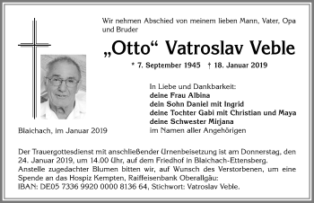 Traueranzeige von Otto Vatroslav Veble von Allgäuer Anzeigeblatt