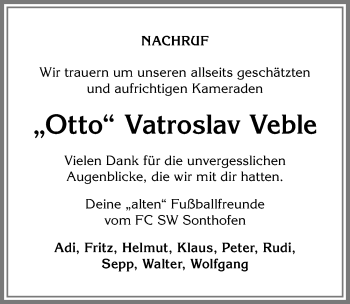 Traueranzeige von Otto Vatroslav Veble von Allgäuer Anzeigeblatt