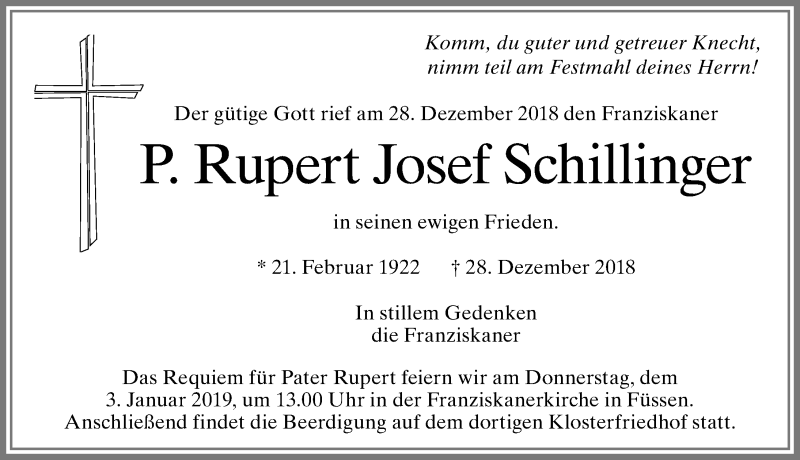  Traueranzeige für P. Rupert Josef Schillinger vom 02.01.2019 aus Allgäuer Zeitung, Füssen