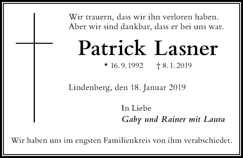  Traueranzeige für Patrick Lasner vom 18.01.2019 aus Der Westallgäuer