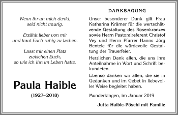 Traueranzeige von Paula Haible von Allgäuer Anzeigeblatt