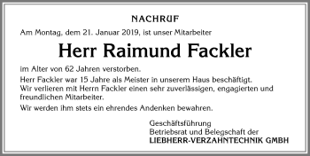 Traueranzeige von Raimund Fackler von Allgäuer Zeitung
