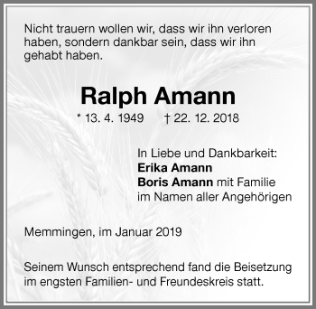 Traueranzeige von Ralph Amann von Memminger Zeitung