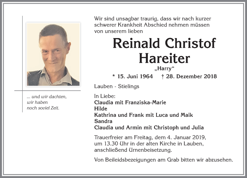  Traueranzeige für Reinald Christof Hareiter vom 02.01.2019 aus Allgäuer Zeitung,Kempten