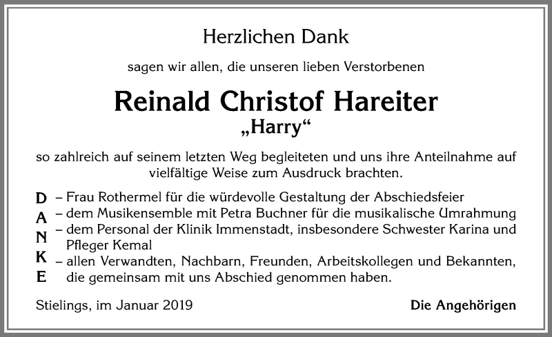  Traueranzeige für Reinald Christof Hareiter vom 12.01.2019 aus Allgäuer Zeitung,Kempten