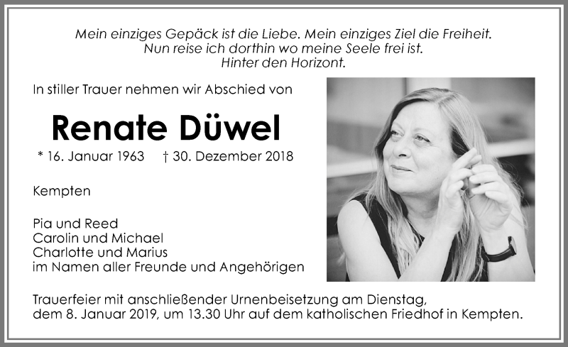  Traueranzeige für Renate Düwel vom 05.01.2019 aus Allgäuer Zeitung,Kempten