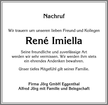 Traueranzeige von Rene Imiella von Allgäuer Zeitung, Kaufbeuren/Buchloe