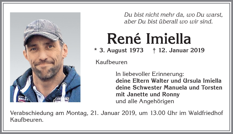  Traueranzeige für Rene Imiella vom 19.01.2019 aus Allgäuer Zeitung, Kaufbeuren/Buchloe