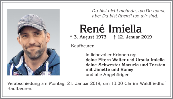 Traueranzeige von Rene Imiella von Allgäuer Zeitung, Kaufbeuren/Buchloe