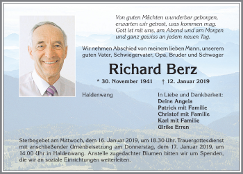 Traueranzeige von Richard Berz von Allgäuer Zeitung,Kempten