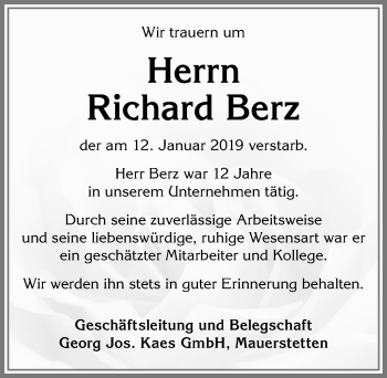 Traueranzeige von Richard Berz von Allgäuer Zeitung,Kempten