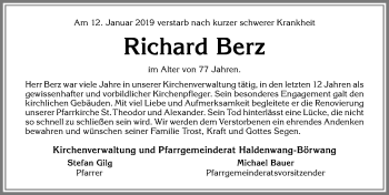 Traueranzeige von Richard Berz von Allgäuer Zeitung,Kempten