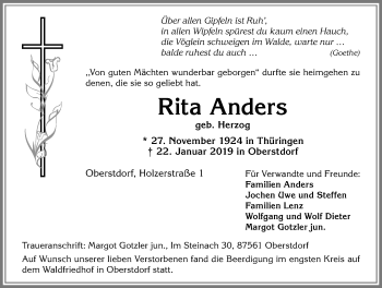 Traueranzeige von Rita Anders von Allgäuer Anzeigeblatt