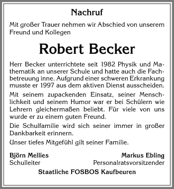 Traueranzeige von Robert Becker von Allgäuer Zeitung, Kaufbeuren/Buchloe