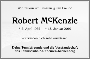 Traueranzeige von Robert McKenzie von Allgäuer Zeitung, Kaufbeuren/Buchloe