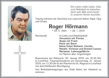Traueranzeige von Roger Hörmann von Allgäuer Zeitung,Kempten