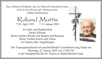 Traueranzeige von Roland Mattis von Allgäuer Zeitung, Marktoberdorf