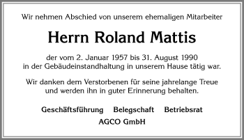 Traueranzeige von Roland Mattis von Allgäuer Zeitung, Marktoberdorf