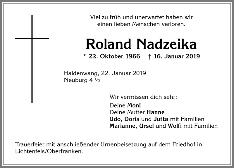 Traueranzeige für Roland Nadzeika vom 22.01.2019 aus Allgäuer Zeitung,Kempten
