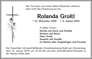 Traueranzeige von Rolanda Groitl von Allgäuer Zeitung,Kempten