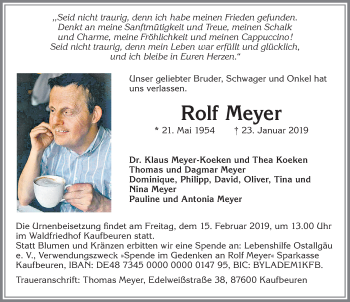 Traueranzeige von Rolf Meyer von Allgäuer Zeitung, Kaufbeuren/Buchloe