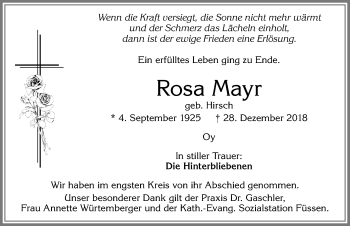 Traueranzeige von Rosa Mayr von Allgäuer Zeitung,Kempten