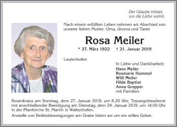 Traueranzeige von Rosa Meiler von Allgäuer Zeitung,Kempten