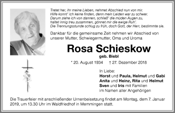 Traueranzeige von Rosa Schieskow von Memminger Zeitung