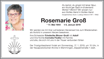 Traueranzeige von Rosemarie Groß von Allgäuer Zeitung