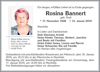 Traueranzeige von Rosina Bannert von Allgäuer Zeitung,Kempten