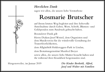 Traueranzeige von Rosmarie Brutscher von Der Westallgäuer