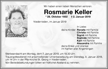 Traueranzeige von Rosmarie Keller von Memminger Zeitung
