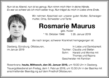 Traueranzeige von Rosmarie Maurus von Memminger Zeitung