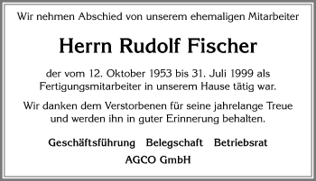 Traueranzeige von Rudolf Fischer von Allgäuer Zeitung, Marktoberdorf