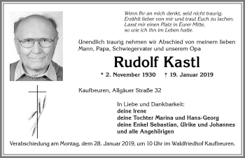 Traueranzeige von Rudolf Kastl von Allgäuer Zeitung, Kaufbeuren/Buchloe