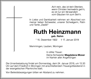 Traueranzeige von Ruth Heinzmann von Memminger Zeitung